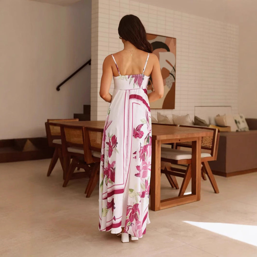 Printed Sling High Waist A line Dress Casual Vacation Spaghetti Straps Maxi Dress