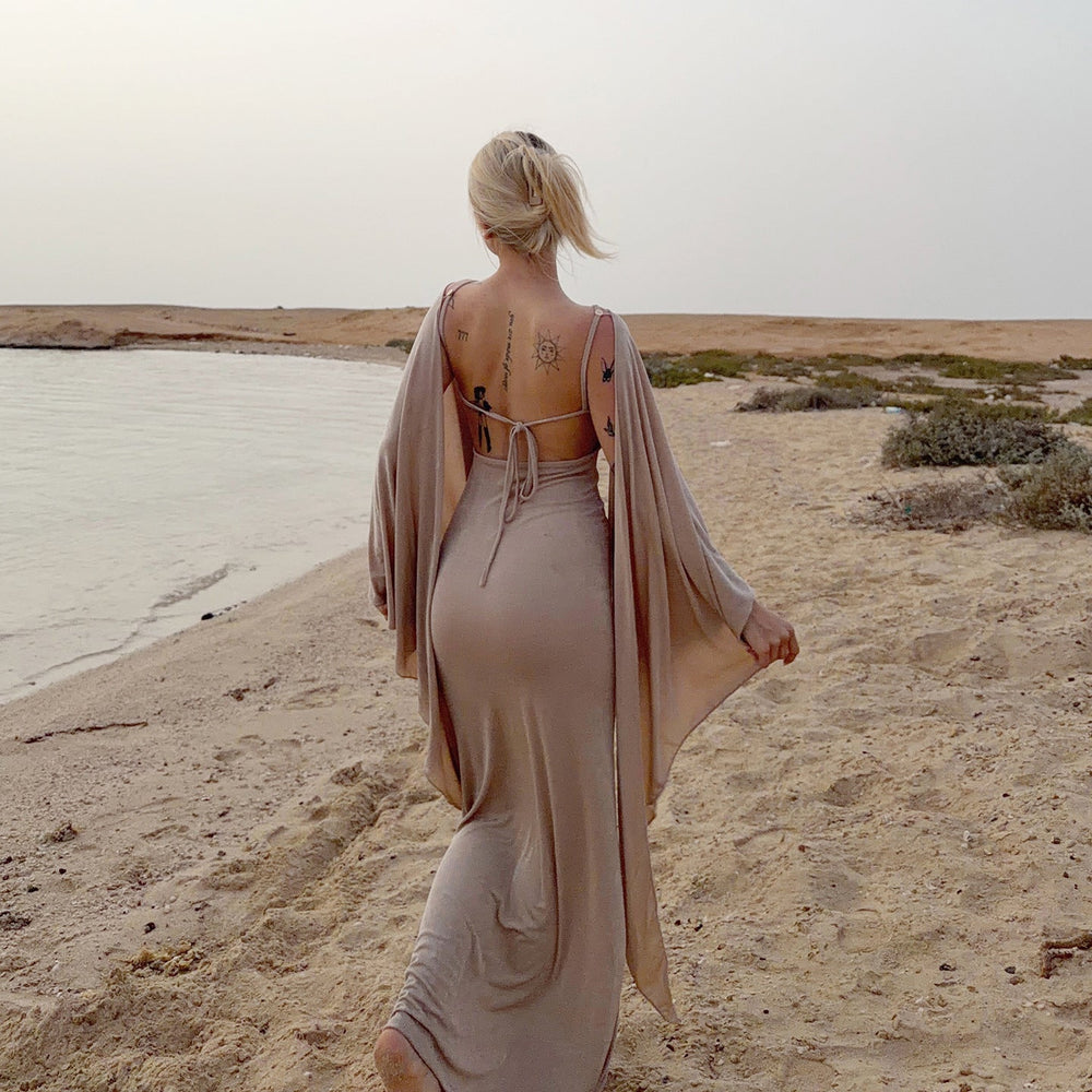 Sexy Adult Lady like Woman Elegant Batwing Sleeve Shawl Strap Backless Cami Dress Two Piece Set for Women