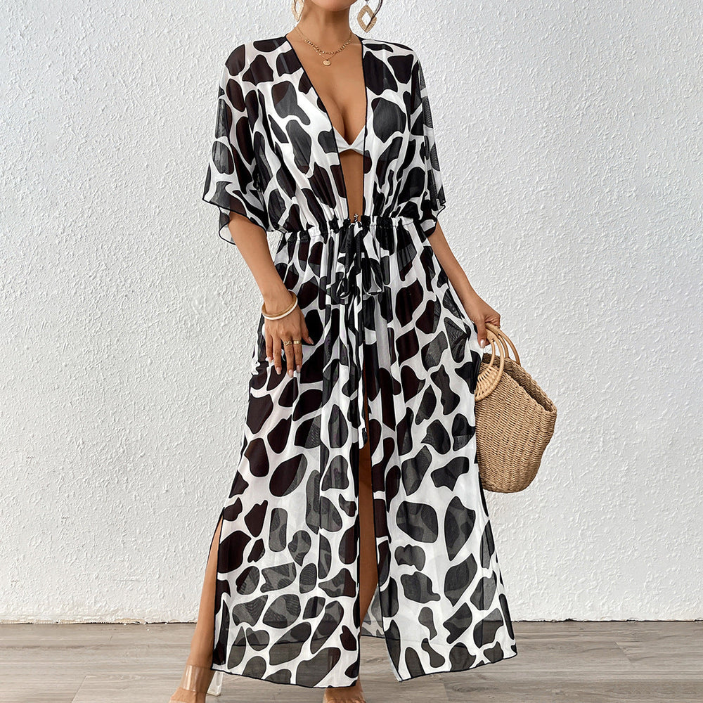 Women Cardigan Women Clothing Batwing Sleeve Lace up Waist Controlled Leopard Print Mesh Beach Beach Cover Up