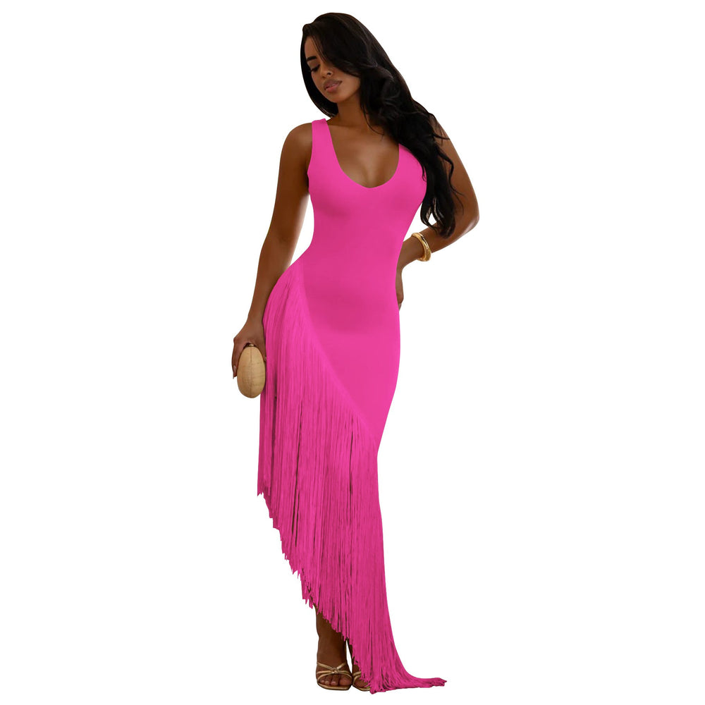 Women Sexy Strap Backless Tassel Stitching U Neck Dress