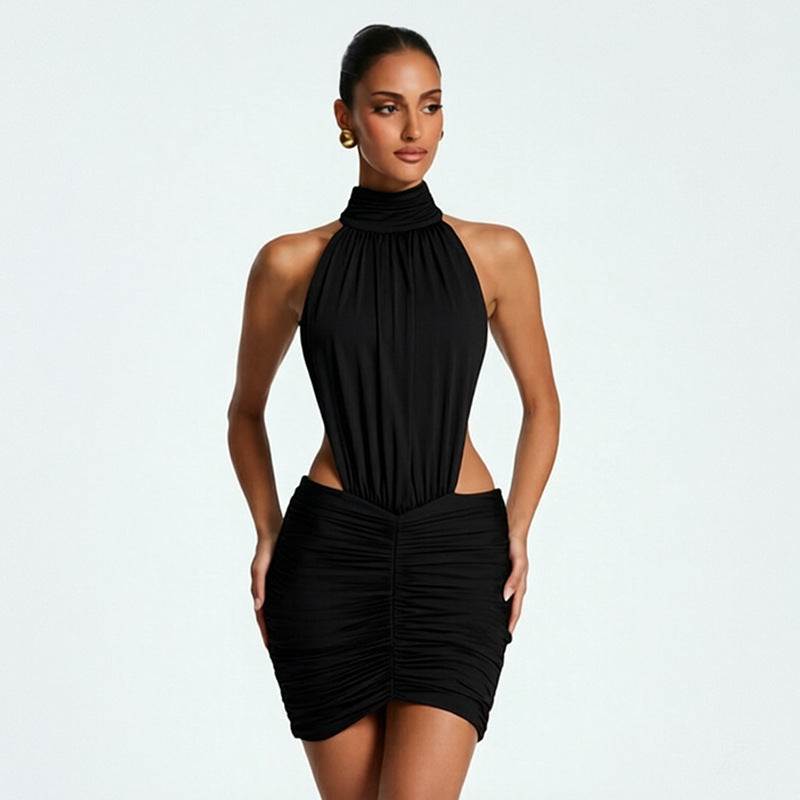 Women Clothing Summer Solid Color Small Turtleneck Sleeveless Sexy Backless Ruffle Hip Dress