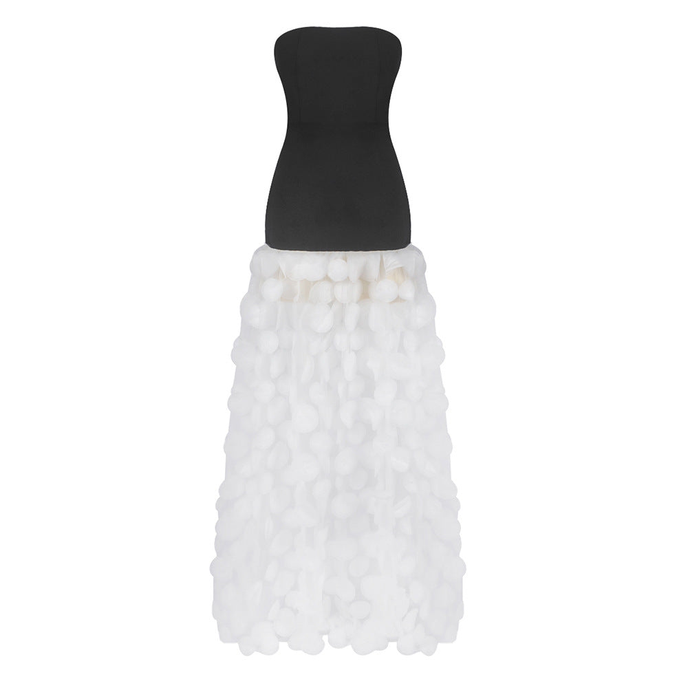Spring Summer Black White Tube Top Dress Three Dimensional Floral Pettiskirt Dinner Wedding Dress Host Dress