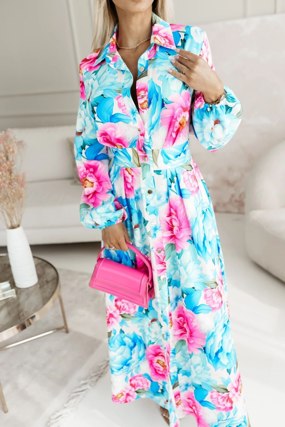 Women Clothing Dress Autumn Floral Print Slit Midi Dress Women Clothing