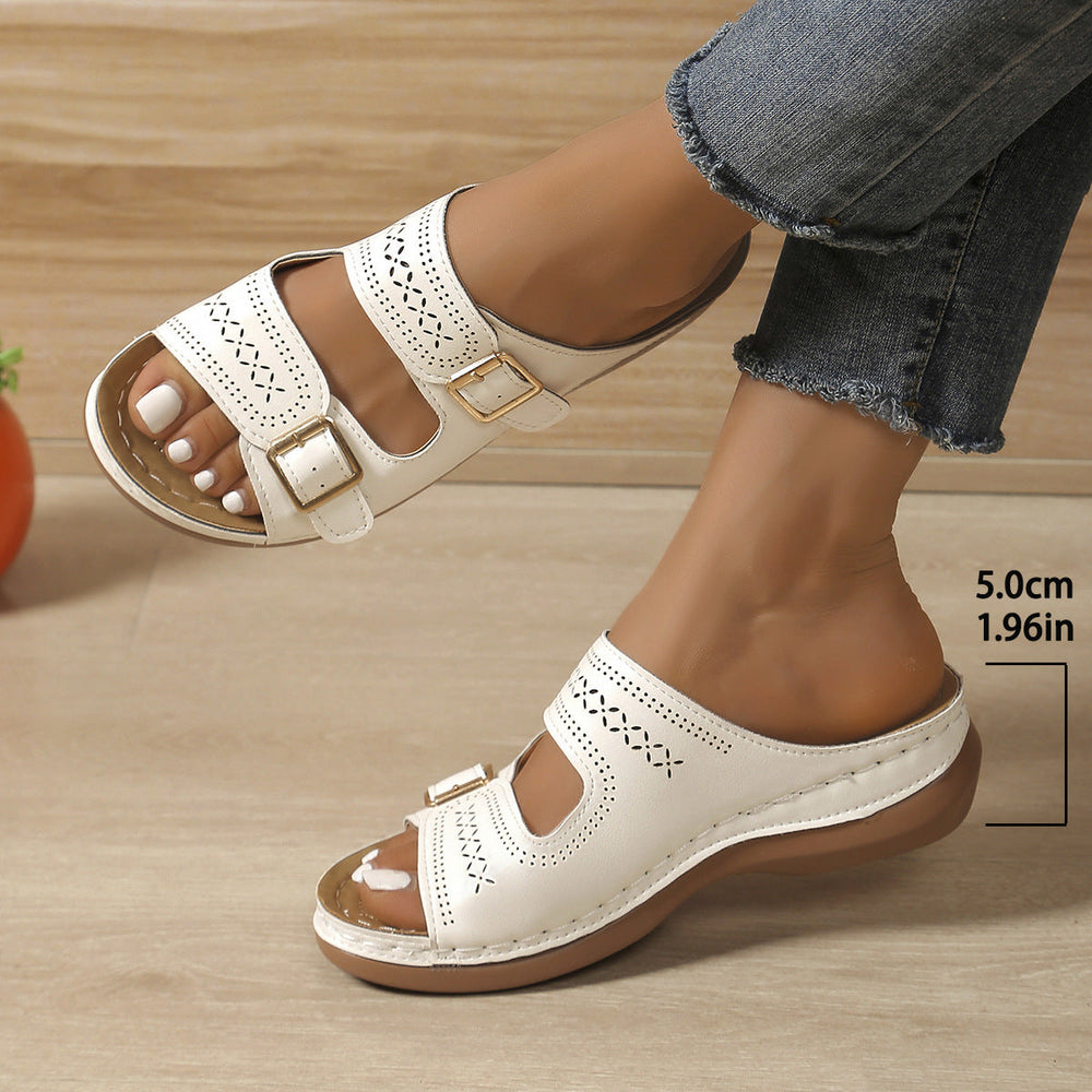 Carved Belt Buckle Platform Slippers Women Wedge Lightweight Outdoor Slippers