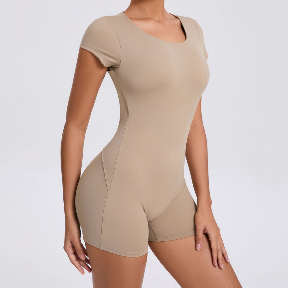 Backless Peach Hip Skinny Yoga Clothes Dance Sports Workout Clothes Hip Lift Belly Shaping Short Sleeve Yoga Jumpsuit
