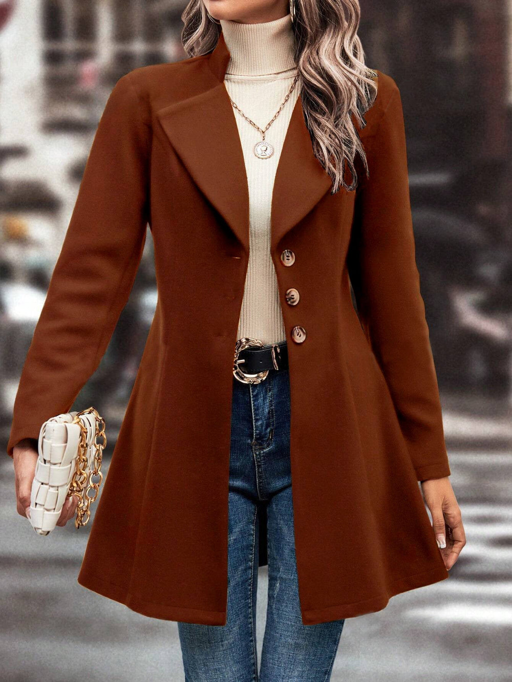 Women Clothing Fall Winter Lapels Slim Fit Wool Solid Color Coat