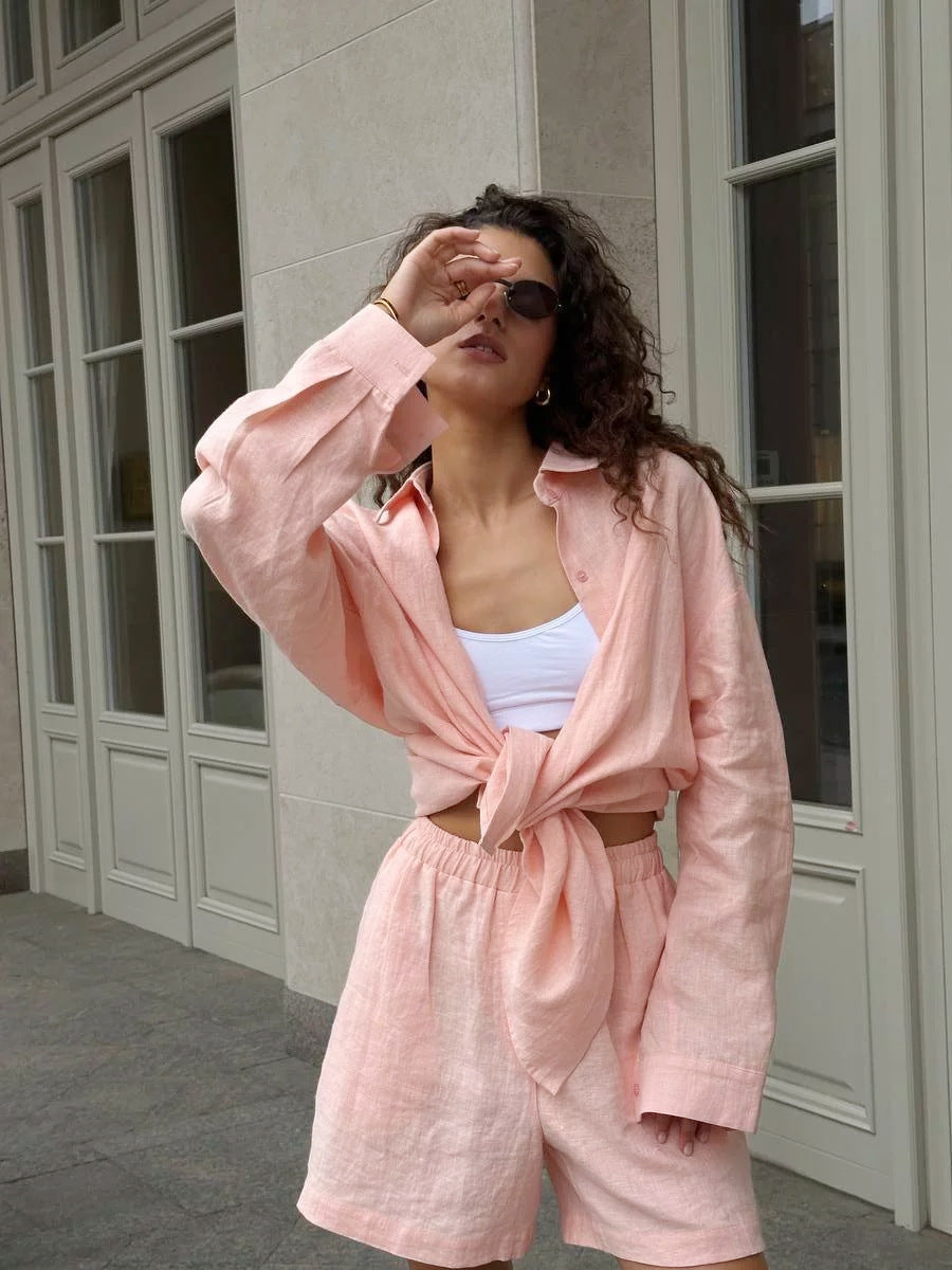 Cotton Button Cardigan Long Sleeve Shorts Autumn Winter Simple Solid Color Casual Two Piece Sets
