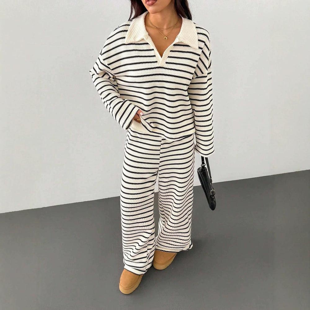 Striped Knitted Contrast Color Lapels V neck Long Sleeved Top Casual Two Piece Sets