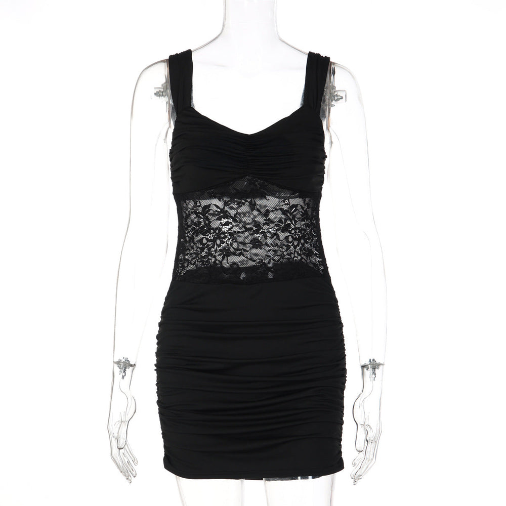 Women Clothing Short Summer Solid Color Sleeveless Sexy Lace Stitching Ruffle Hip Dress