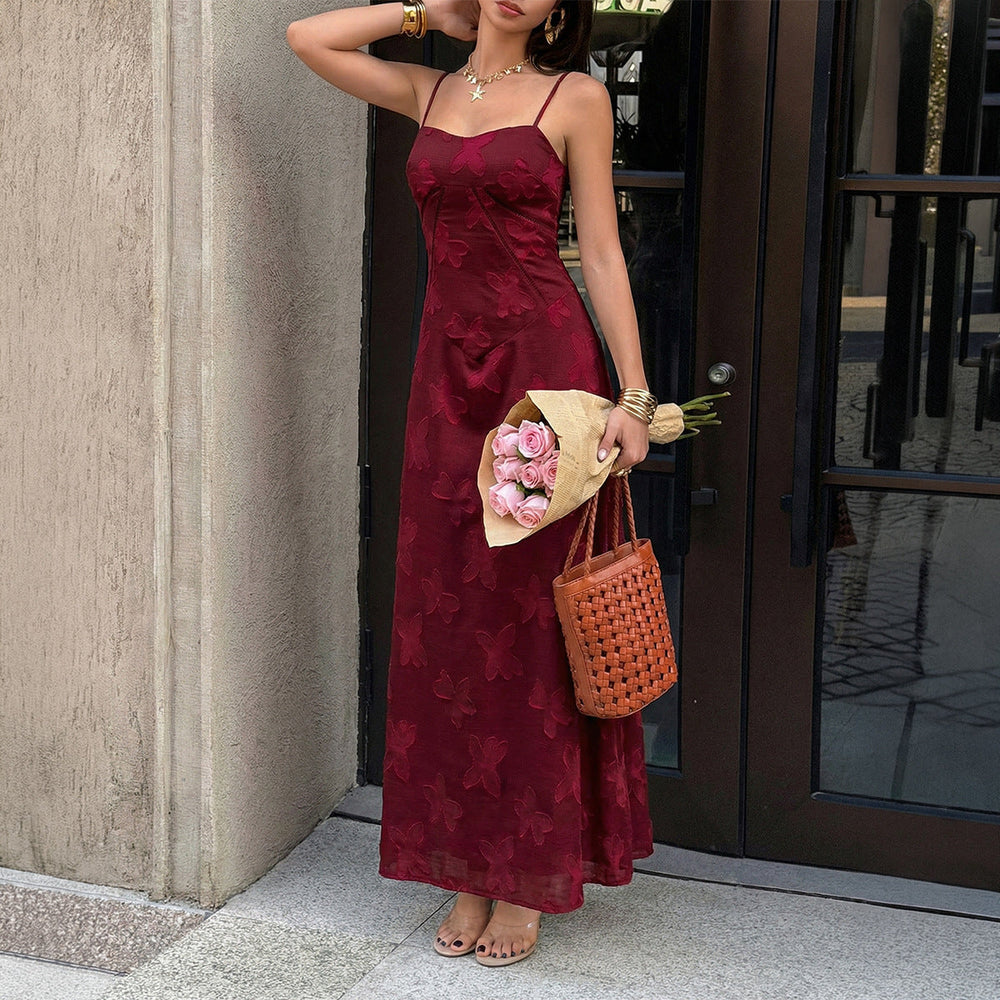 Women Clothing Summer French Vacation Jacquard Strap Waist Dress