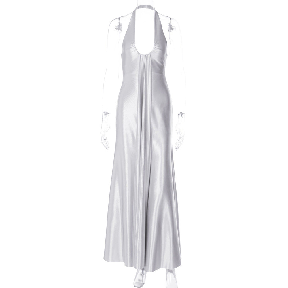 Spring Summer Women Clothing Solid Color Elegant U Collar Halter Backless Slim Dress