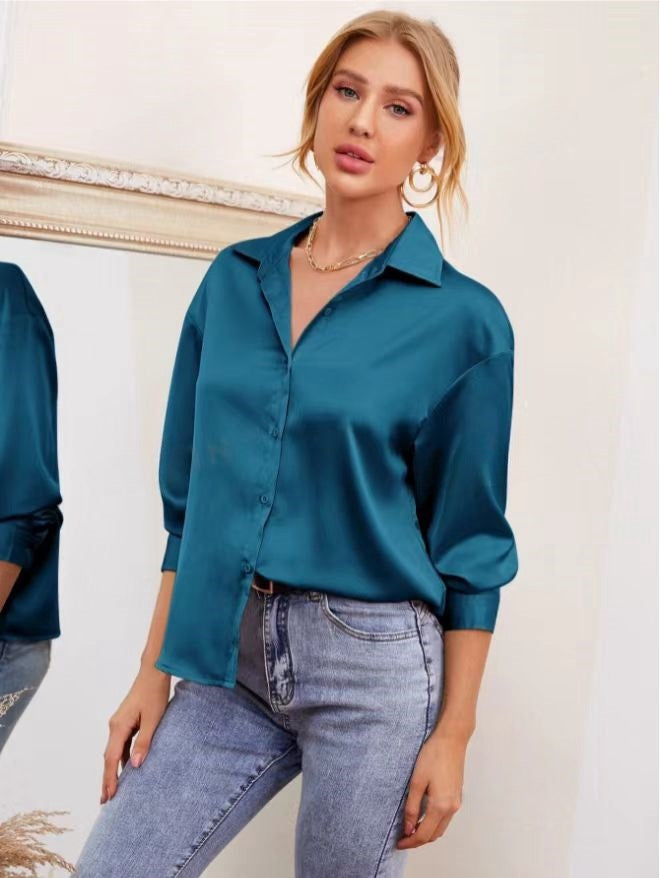 Women Clothing Spring Summer Satin Comfort Casual Long Sleeved Shirt Women