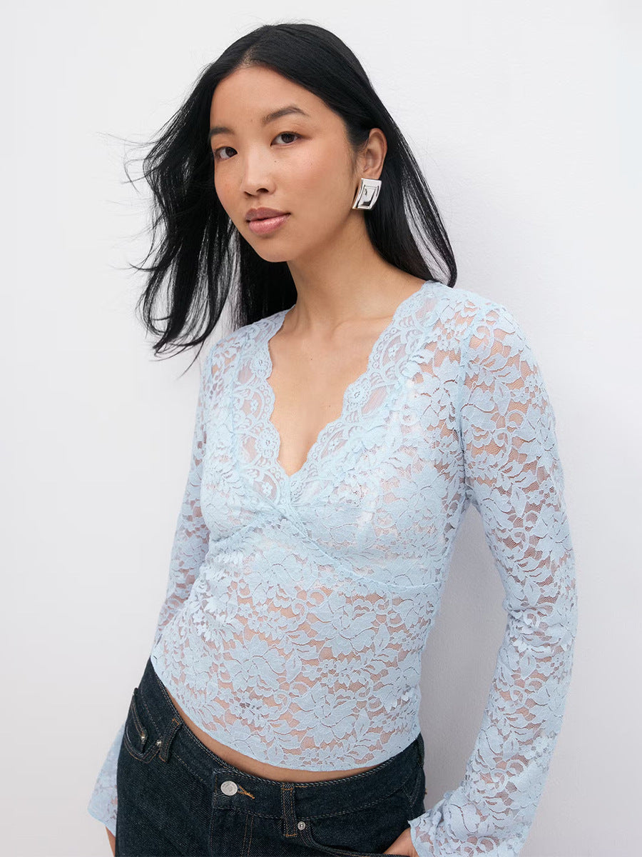 Lace V neck Long Sleeve Shirt Autumn Sexy Hollow Out Cutout Bottoming Shirt Lace Shirt Women Shirt
