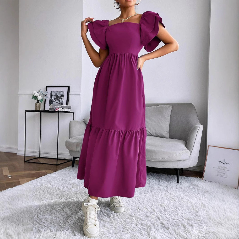 Women Clothing Ruffled A line Dress off Neck Flying Sleeves Solid Color Long Dress