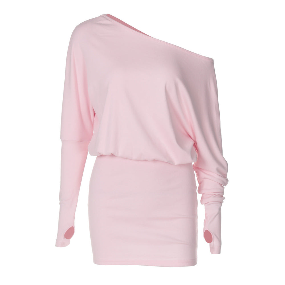 Women Clothing Autumn Personalized One Shoulder Cold Shoulder Long Sleeve Faux Two Piece Waist Slimming Hip