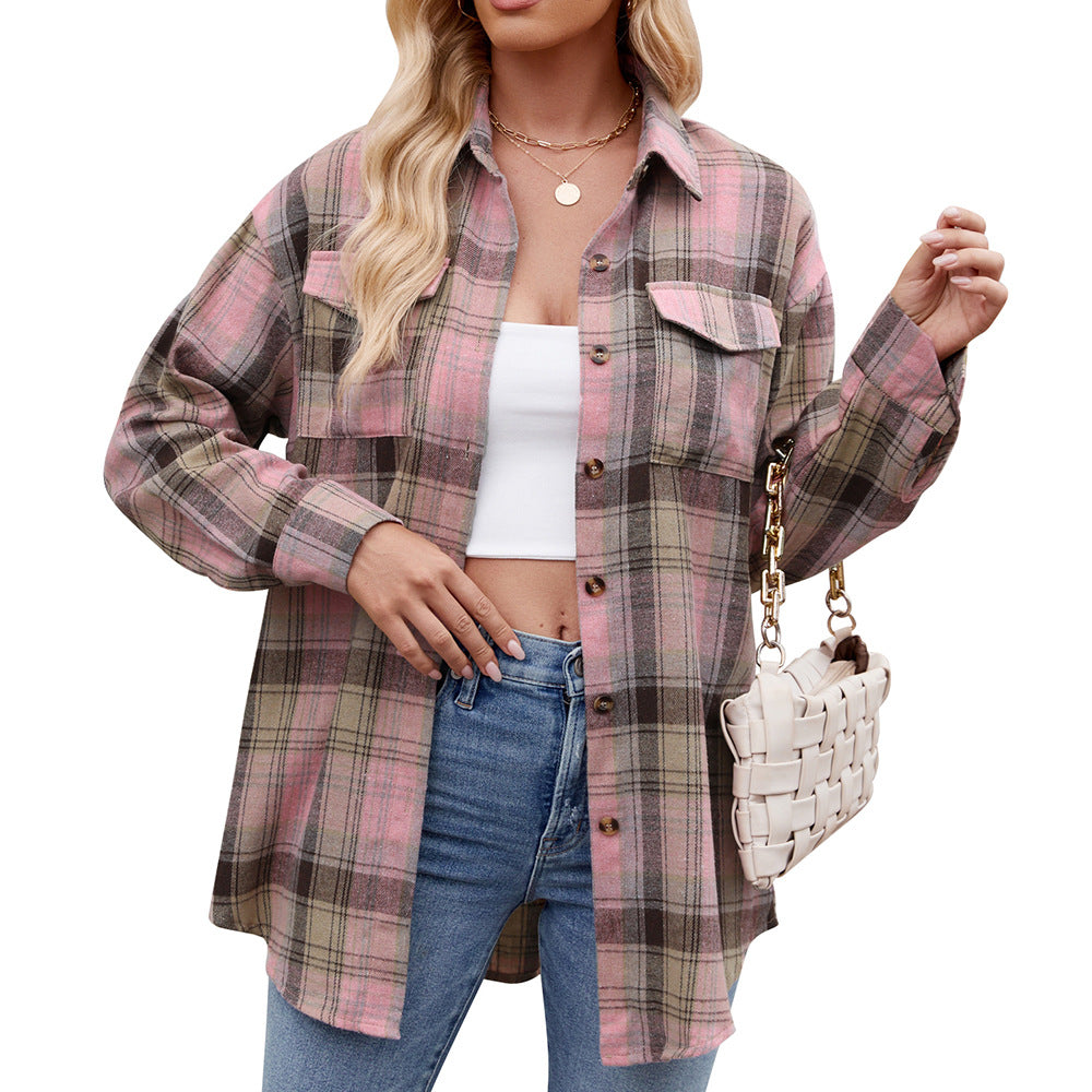 Autumn Winter Women Clothing Casual Loose Plaid Pocket Shirt for Women