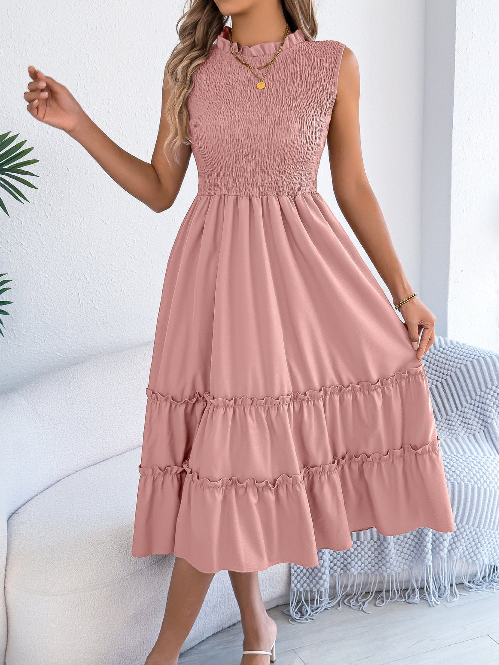 Spring Summer Casual Sleeveless Smocking Waist Tight Wooden Ear Large Swing Dress Independent Stand Women Clothing