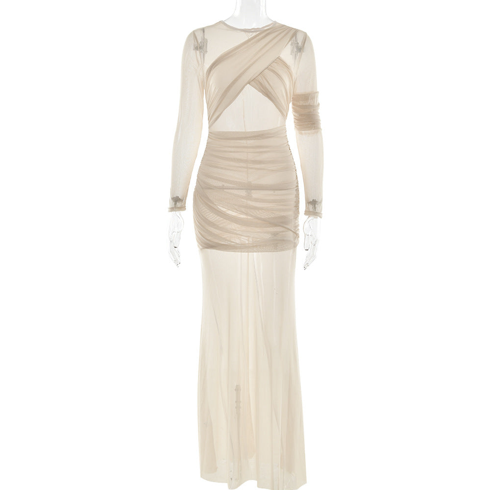 Sexy Mesh See through Maxi Dress Long Sleeve Sexy Pleated Slim Fit Dress