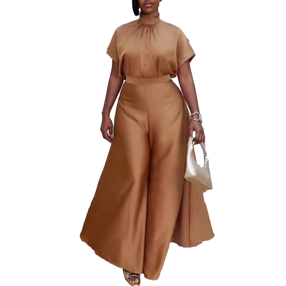Satin Silky Strap Flounced Sleeve Wide Leg Two Piece Sets