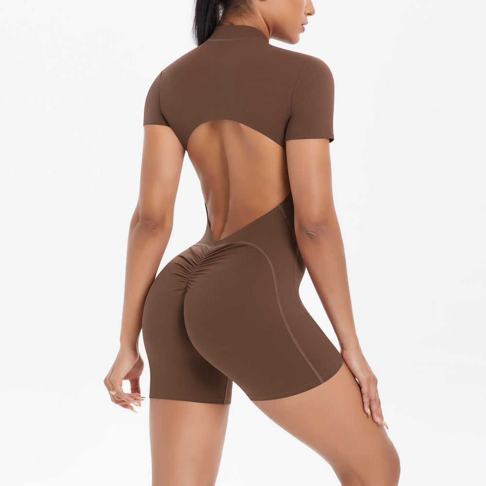 Hollow Out Cutout Beauty Back Short Sleeve Zipper Jumpsuit Peach Hip Sports Fitness Bare Back Jumpsuit Yoga Clothes for Women