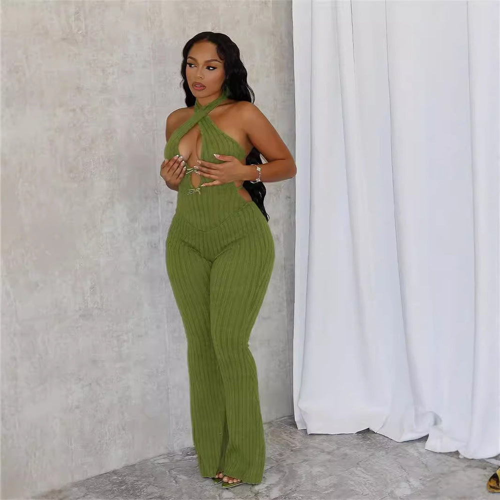 Summer Halter Slim Fit Lace up Backless Sexy Jumpsuit Bell Bottom Pants Jumpsuit Women