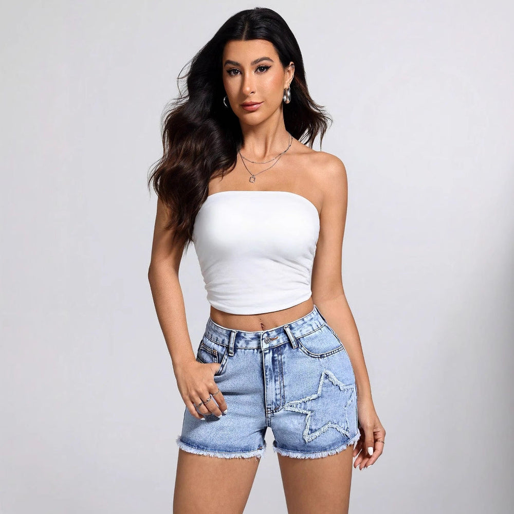 Women Clothing Casual Fashionable Frayed Hem Denim Short