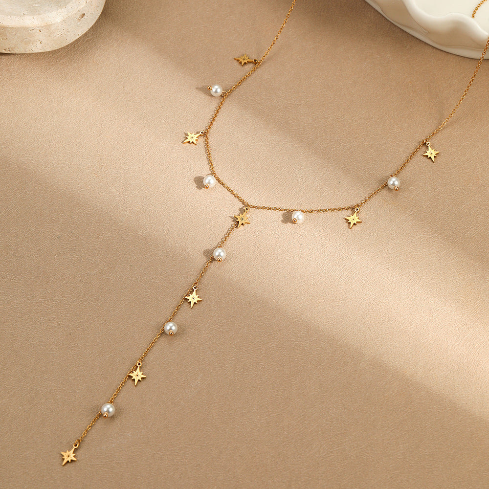 Advanced Tassel Imitation Pearl Y Word Chain Necklace Stainless Steel Plated 18K Necklace