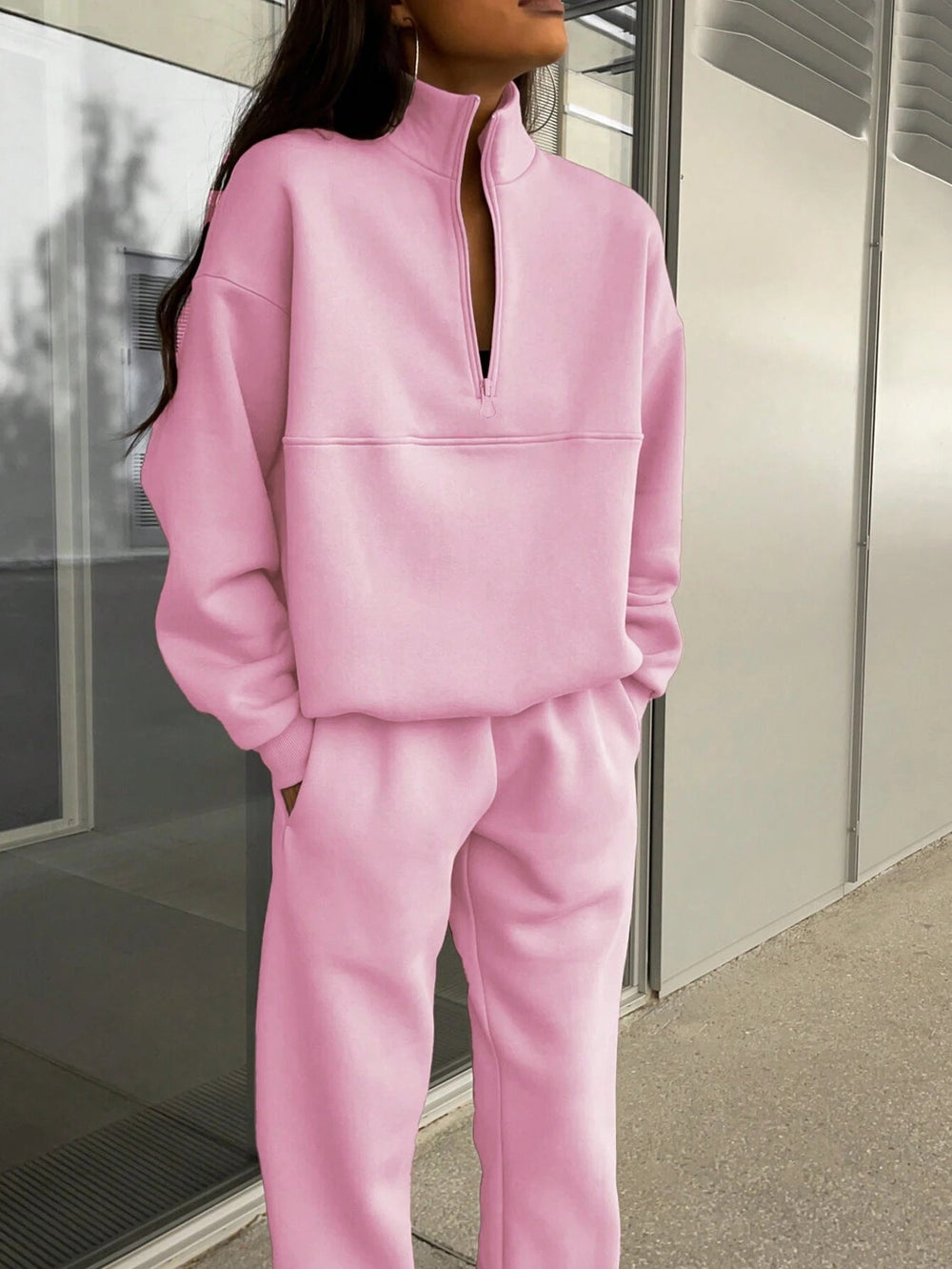 Autumn Winter Zipper Collared Solid Color Casual Two Piece Set