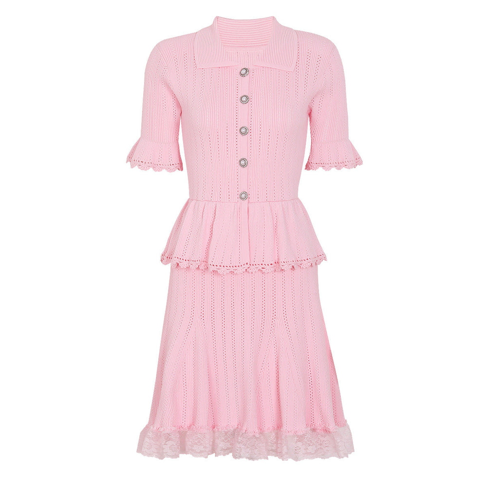 Summer Celebrity Internet Slim Fitting Slimming Fashionable Short Sleeve Collared Lace Dress