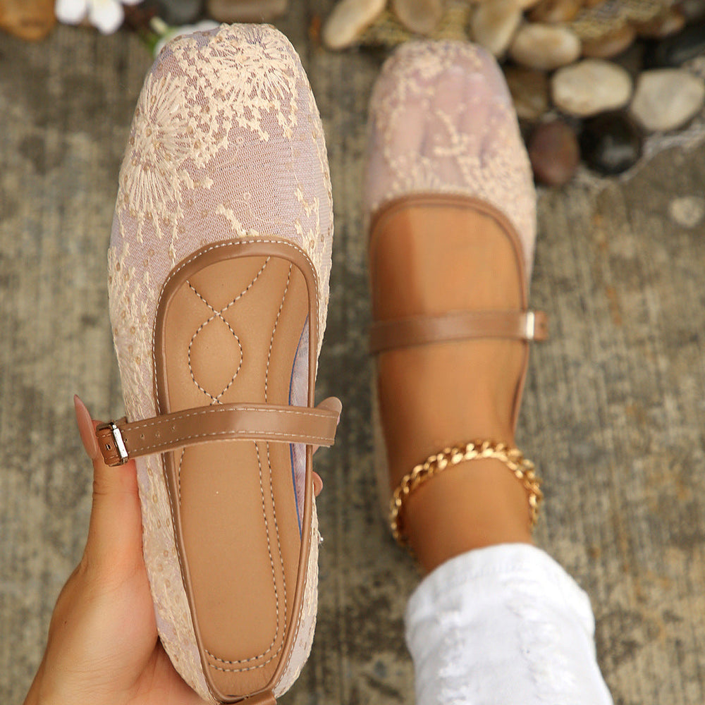 Mesh Breathable Low Top Shoes Women Vintage Mary Jane Flat Shallow Belt Buckle Loafers