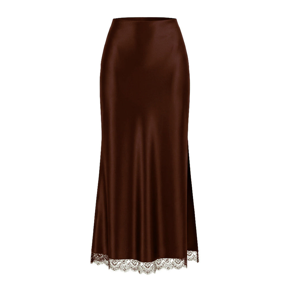 Women Clothing Satin Skirt Lace Split High Waist Elastic Sexy Sheath Skirt