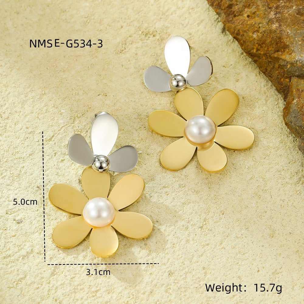 Retro Easy Matching Stainless Steel Color Matching Petal Fringe Pearl Exquisite Elegant Titanium Steel Ear Studs Earrings for Women