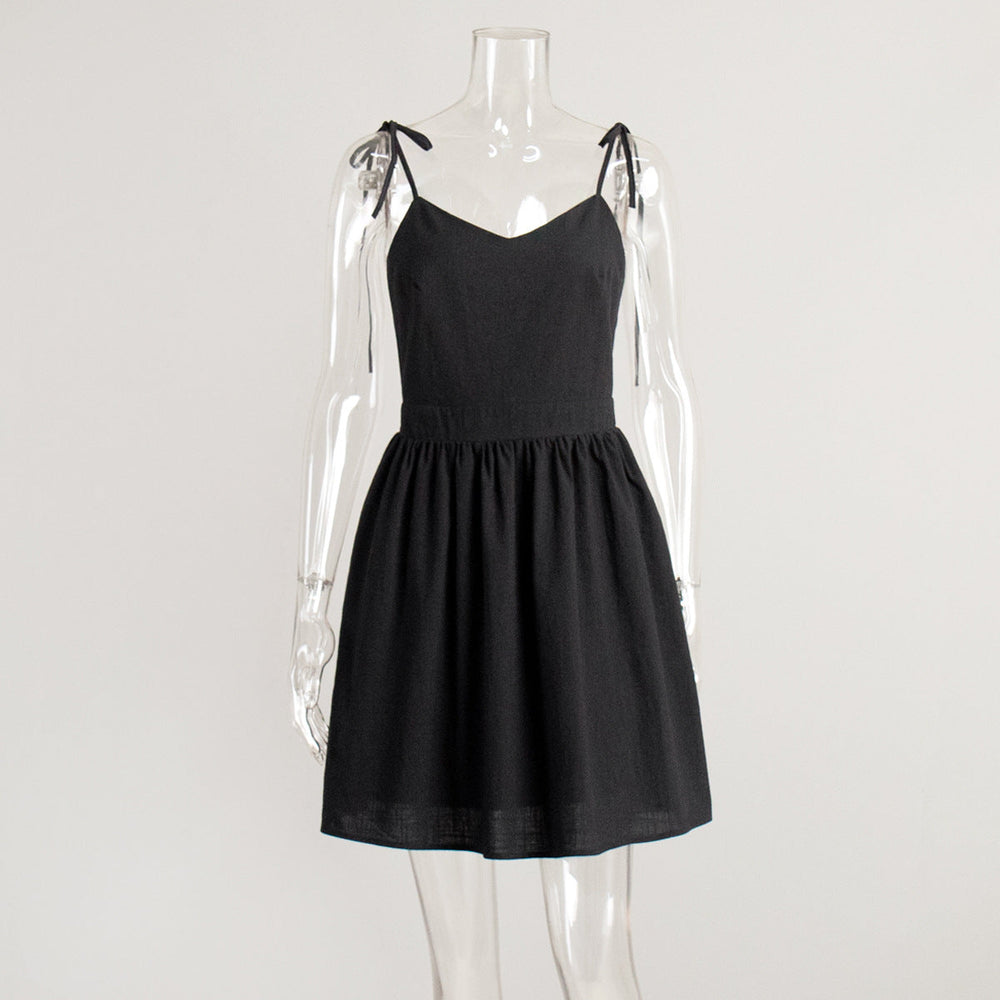 Cotton Sling Backless High Waist Short Dress Spring Summer Tie Short Dress Women