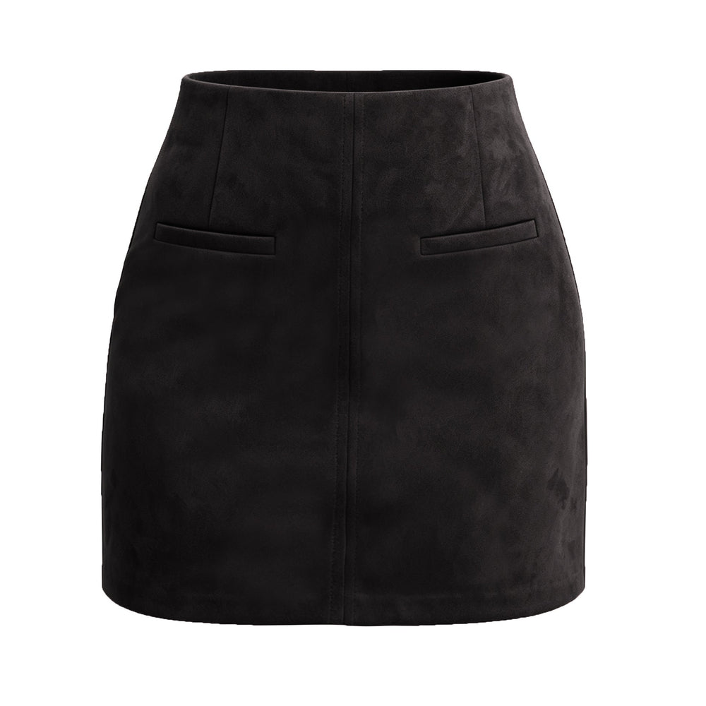 Autumn Winter Women Suede Pocket Skirt High Waist Zipper Solid Color Mini Skirt
