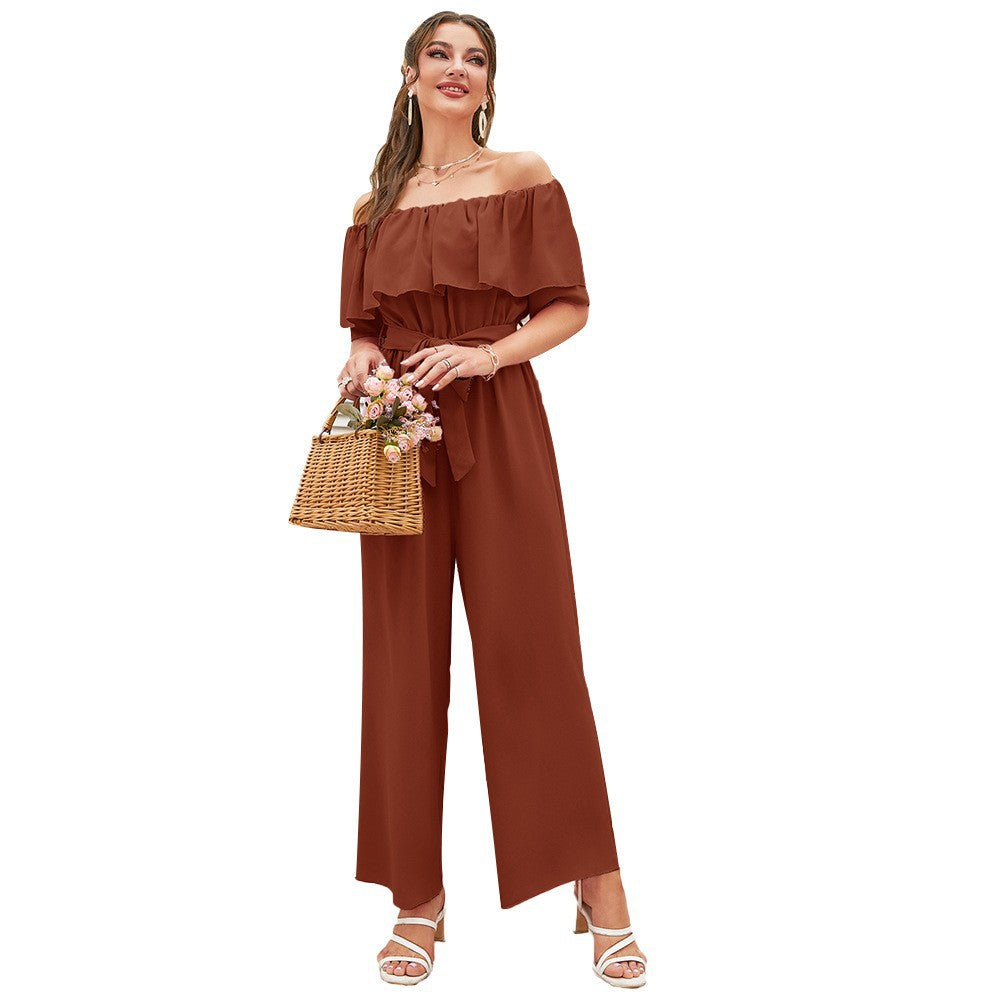 Women Clothing Summer Casual off Shoulder Ruffle Sleeve Lace up Cropped Wide Leg Pants