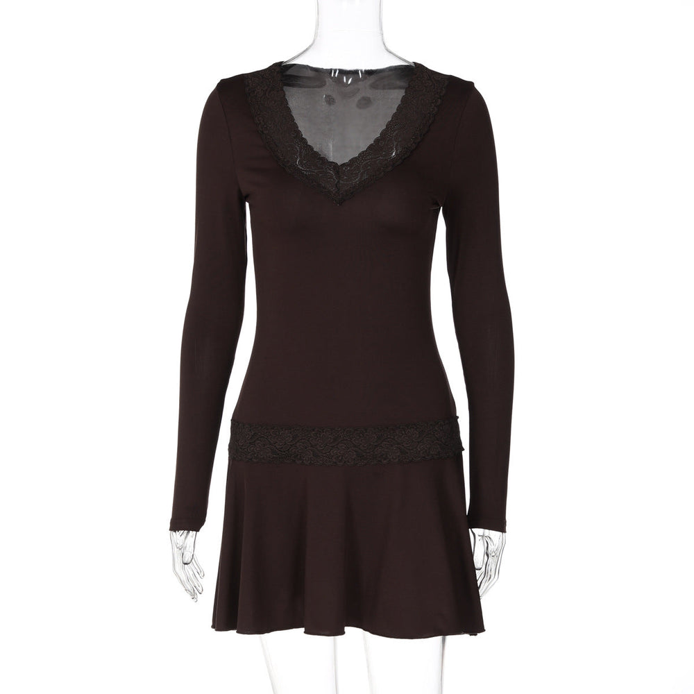 Women Clothing Summer Solid Color Long Sleeve Short Dress Lace Slim Dress