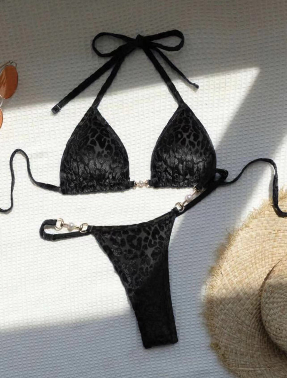 Sexy T Shaped Pearl Leopard Special Fabric Swimwear Swimsuit Bikini