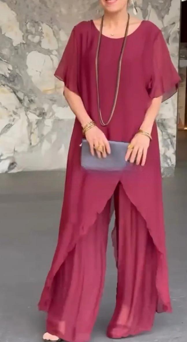 Independent Stand Color Long Irregular Asymmetric Top Loose Trousers Chiffon Two Piece Sets Women