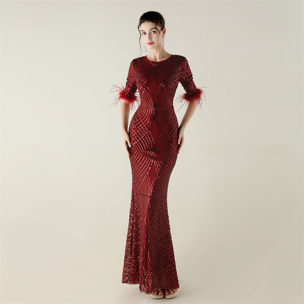 Positioning Floral Sequin Craft Order Ostrich Feather Decorative Evening Dress Long Sleeve Fishtail Cinched Peplum