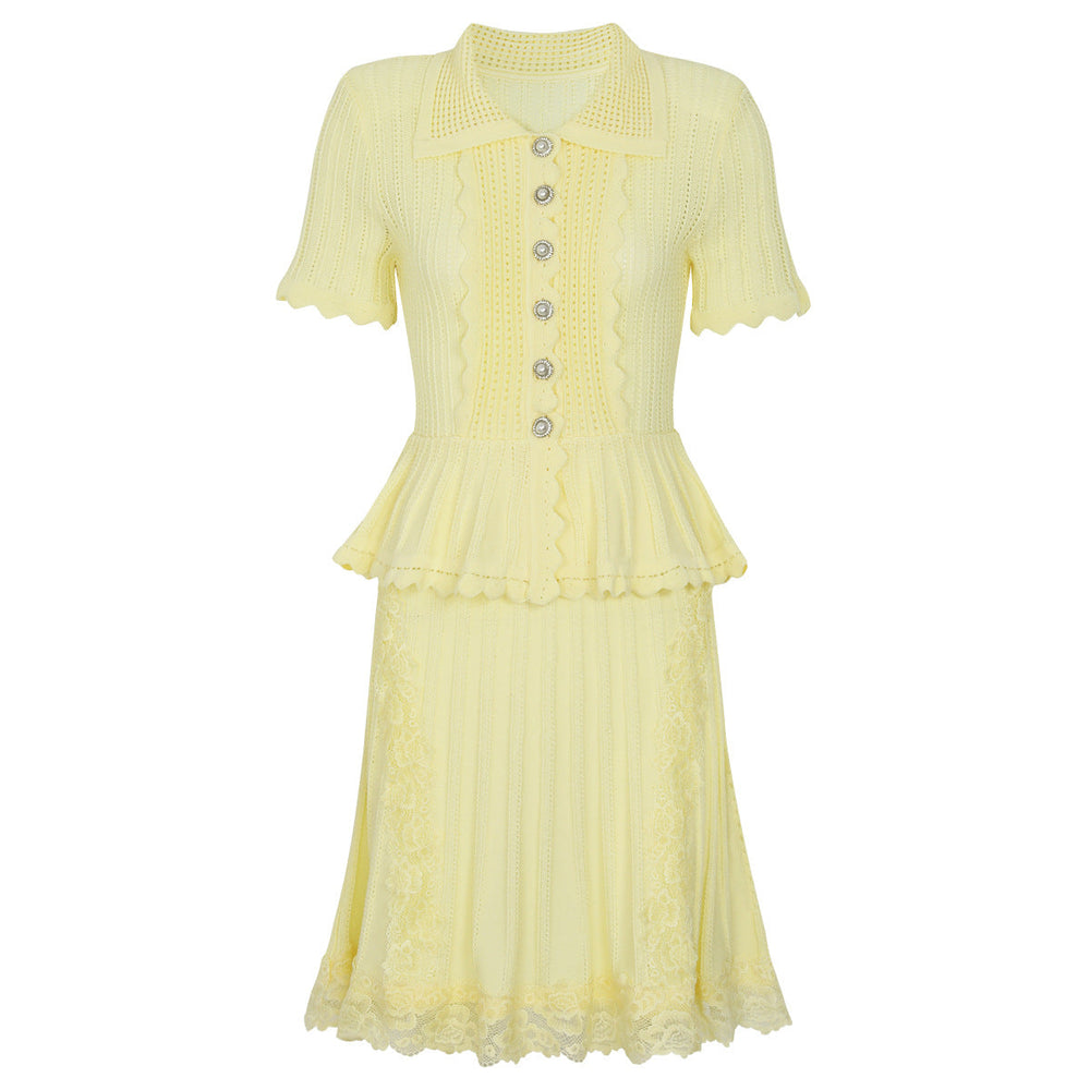 Summer Ladies Internet Popular Slim Fitting Slimming Pearl Buckle Faux Two Pieces Short Sleeve Dress