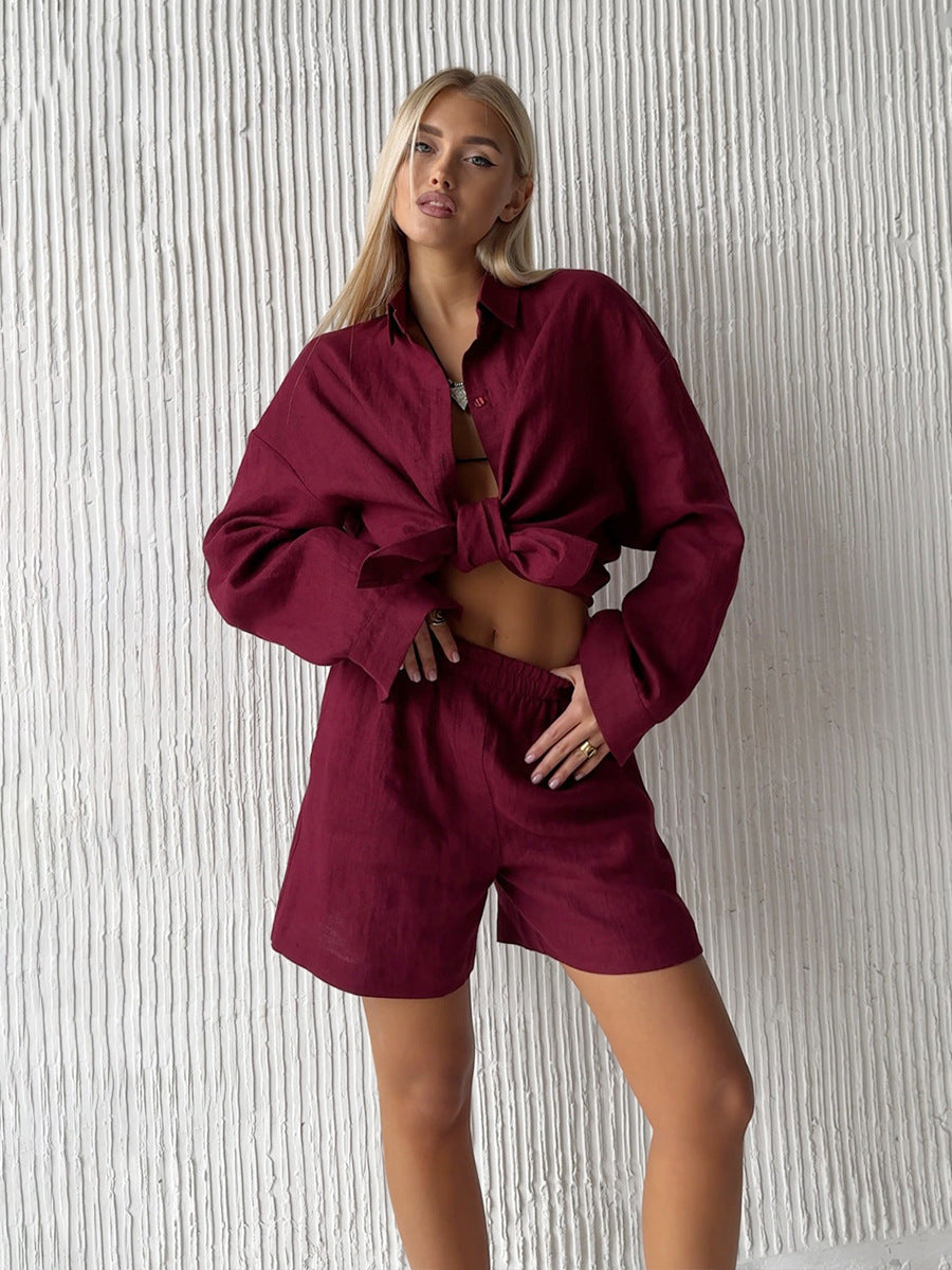 Cotton Button Cardigan Long Sleeve Shorts Autumn Winter Simple Solid Color Casual Two Piece Sets