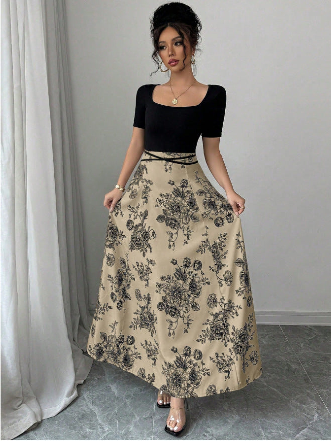 Women Dress Summer Slimming Lace up Floral Dress