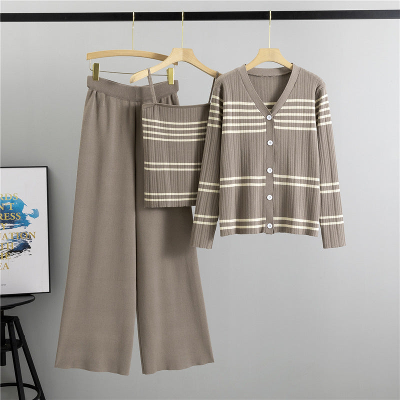 Striped Spaghetti Straps Cardigan Three Piece Set Fashionable Temperamental All Match Knitting Two Piece Sets Women Autumn Winter