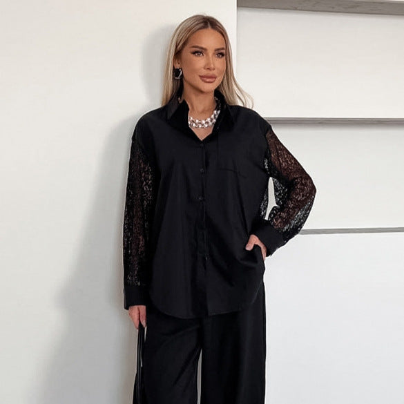 Spring Lace Stitching Hollow Out Cutout Backless Design Long Sleeve Collared Office Shirt for Women