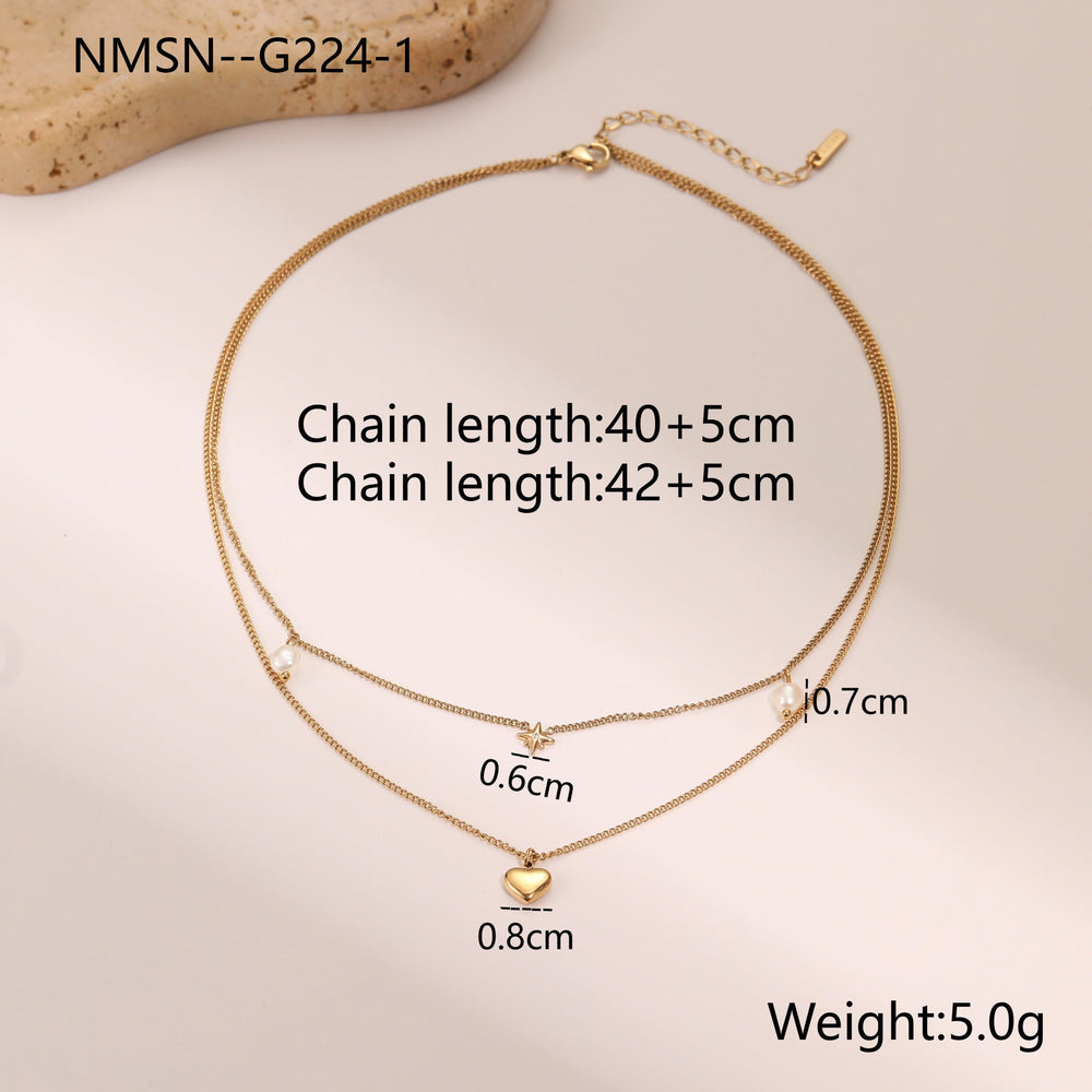 Double Layer Six Pointed Star Rhinestone Pearl Stainless Steel Necklace 18K Gold Plating Ornament