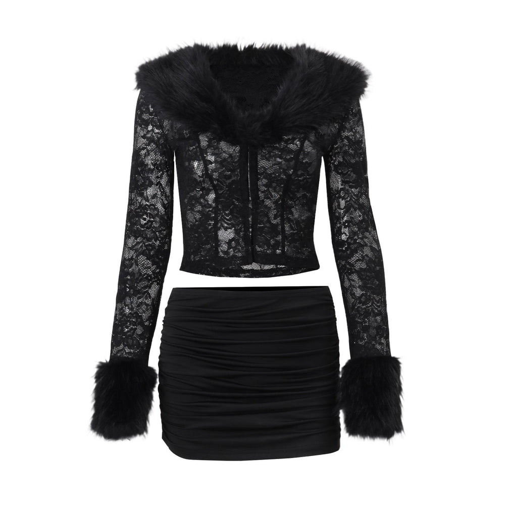 Women Clothing Autumn Winter Street Lace Plush Long Sleeved Top Sexy Skirt Set