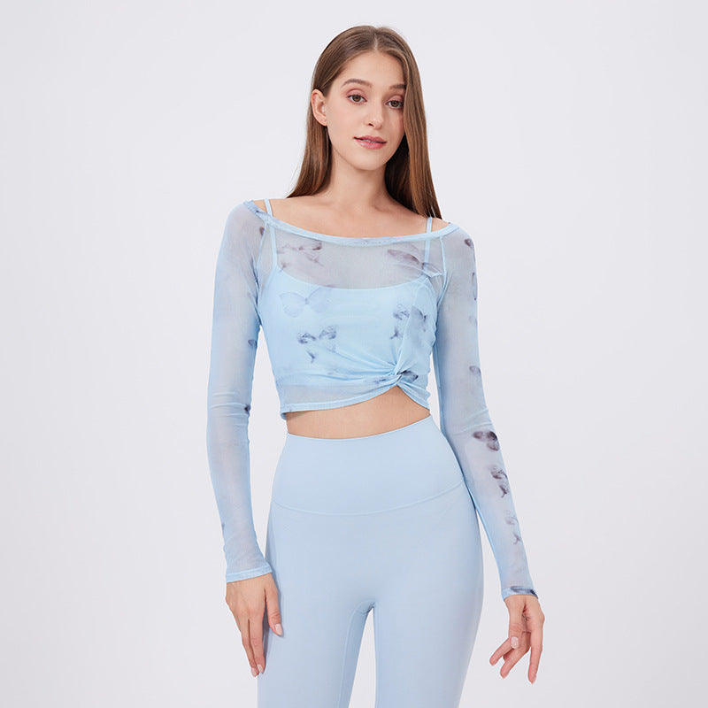 Floral Butterfly Faux Two Piece Sports T Shirt Women Long Sleeve with Chest Pad Yoga Clothes Mesh Top Quick Drying Slimming Workout Clothes