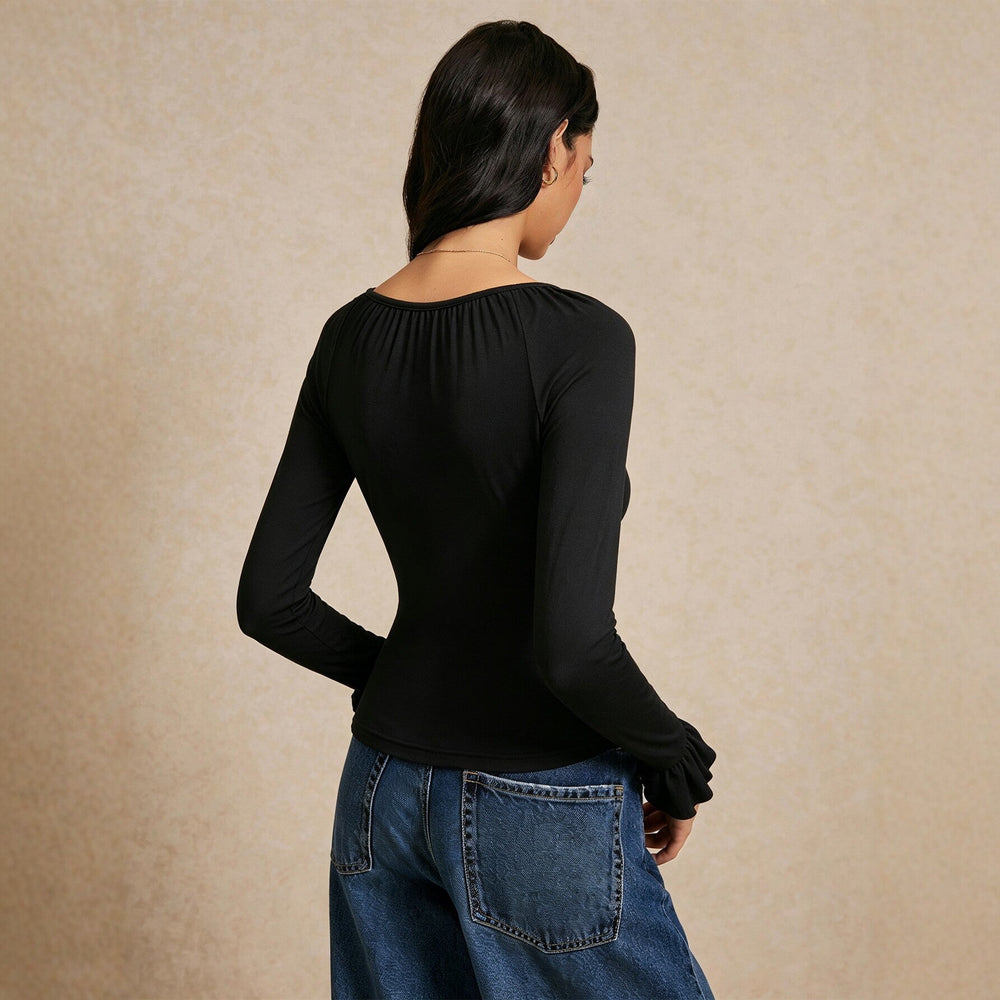 Square Collar Long Sleeve T shirt Women Lace Stitching Tied Waist Slimming Flared Sleeves Top