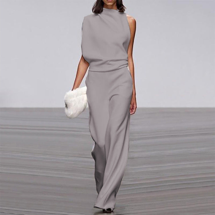 Women Pants Solid Color One Shoulder Pile Collar Jumpsuit Popular Dress Trousers