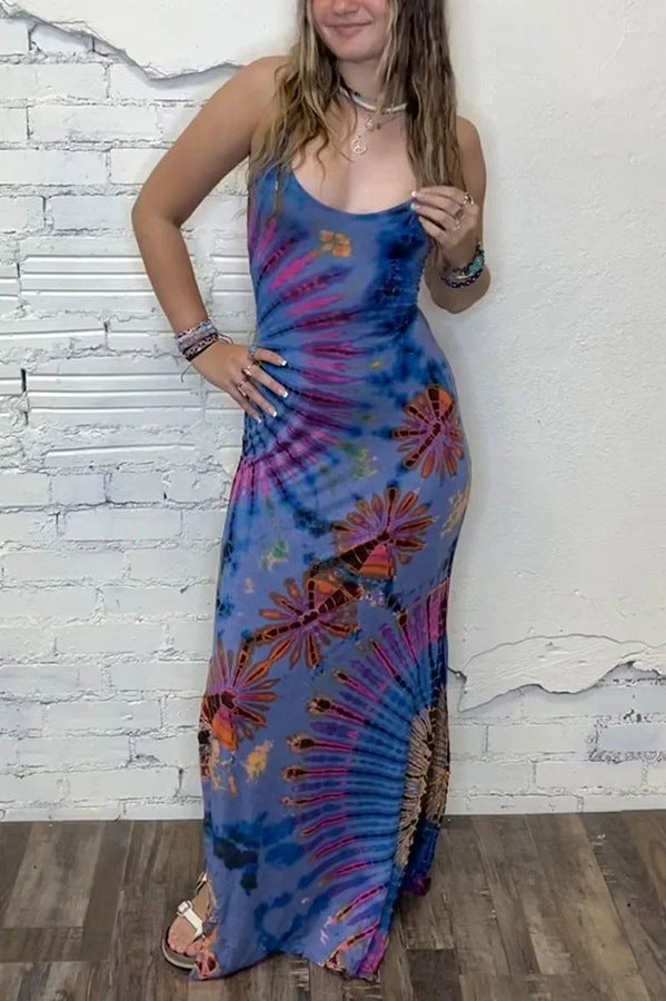 Sexy Slim Printed Backless Self Tie Slit Dress Women